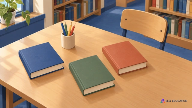 Des livres fermés et un pot de crayons sur une table de bibliothèque fictive ; aucun plan ni code de case n’est inscrit.
