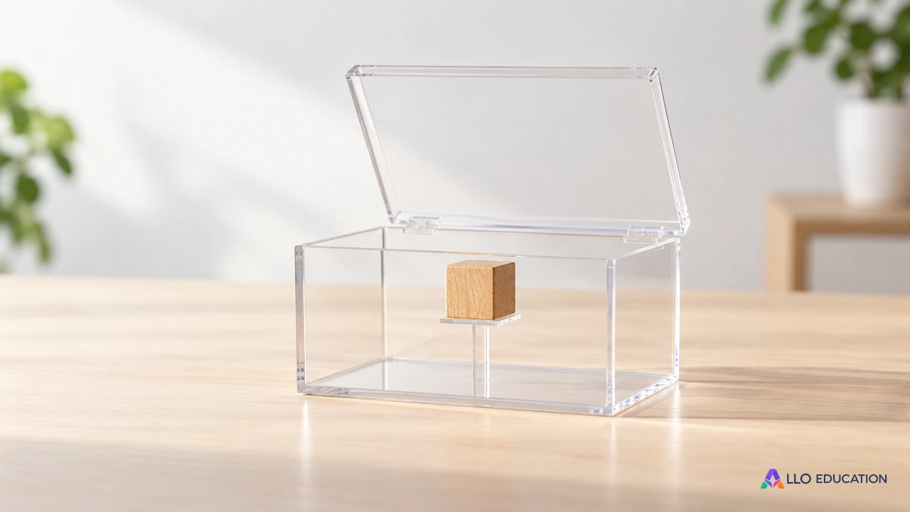 Une boîte transparente évoque une position à décrire en trois directions.