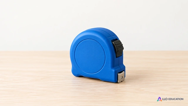 Un mètre ruban fermé bleu, entier sur une table claire, sans graduation lisible.