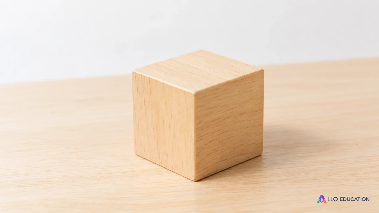 Un cube en bois clair entier, sans numéro ni inscription, posé sur une table claire.