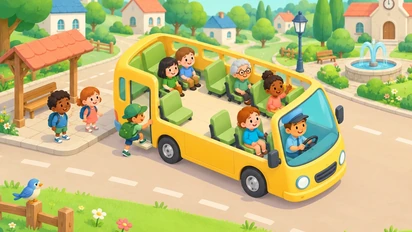 Un petit bus jaune ouvert laisse voir ses sièges et ses voyageurs, pendant que des personnes montent à un arrêt du village entouré de maisons et d’arbres.
