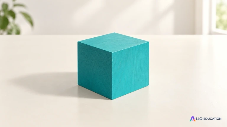 Un cube turquoise plein posé sur une table claire.