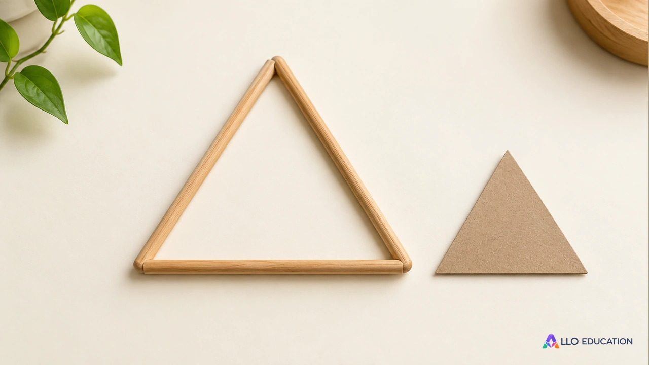 Trois baguettes fines en bois formant un triangle entier sur une table claire, avec une pièce triangulaire en carton uni posée à côté.