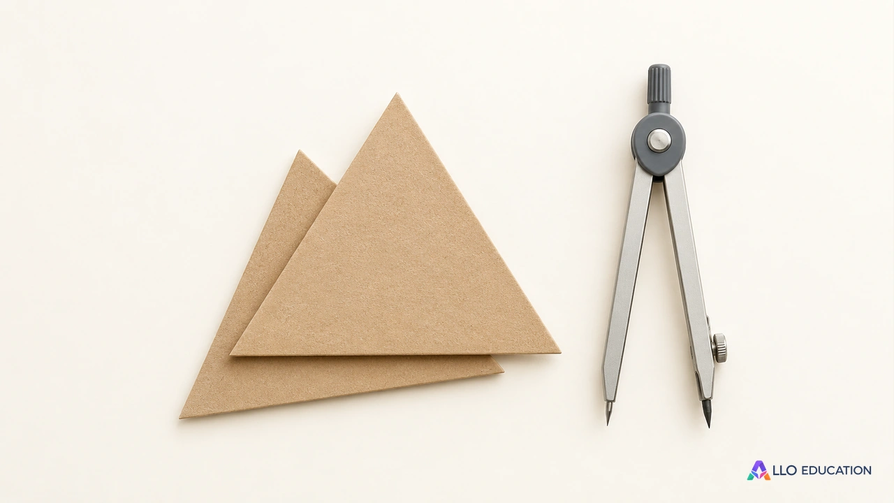 Deux pièces triangulaires de carton beige superposées avec un léger décalage, à côté d’un compas fermé neutre.