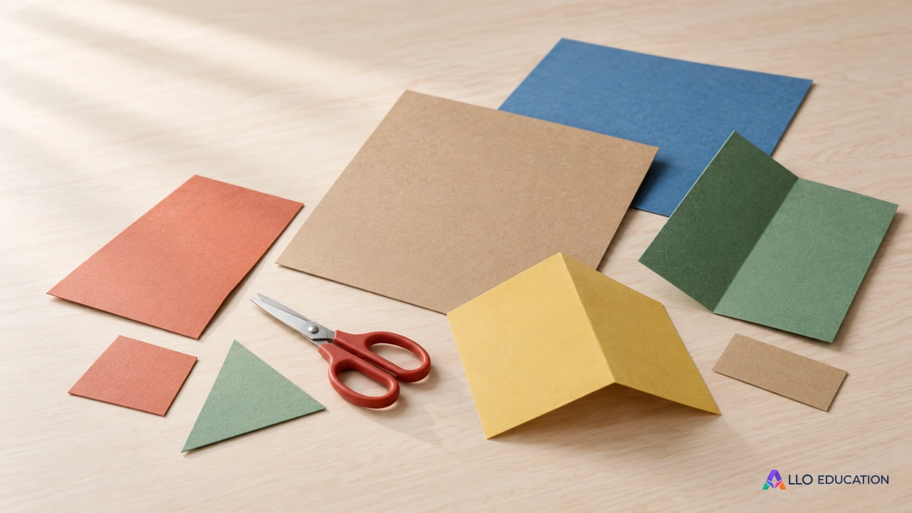 Carton uni et ciseaux fermés sur une table claire.