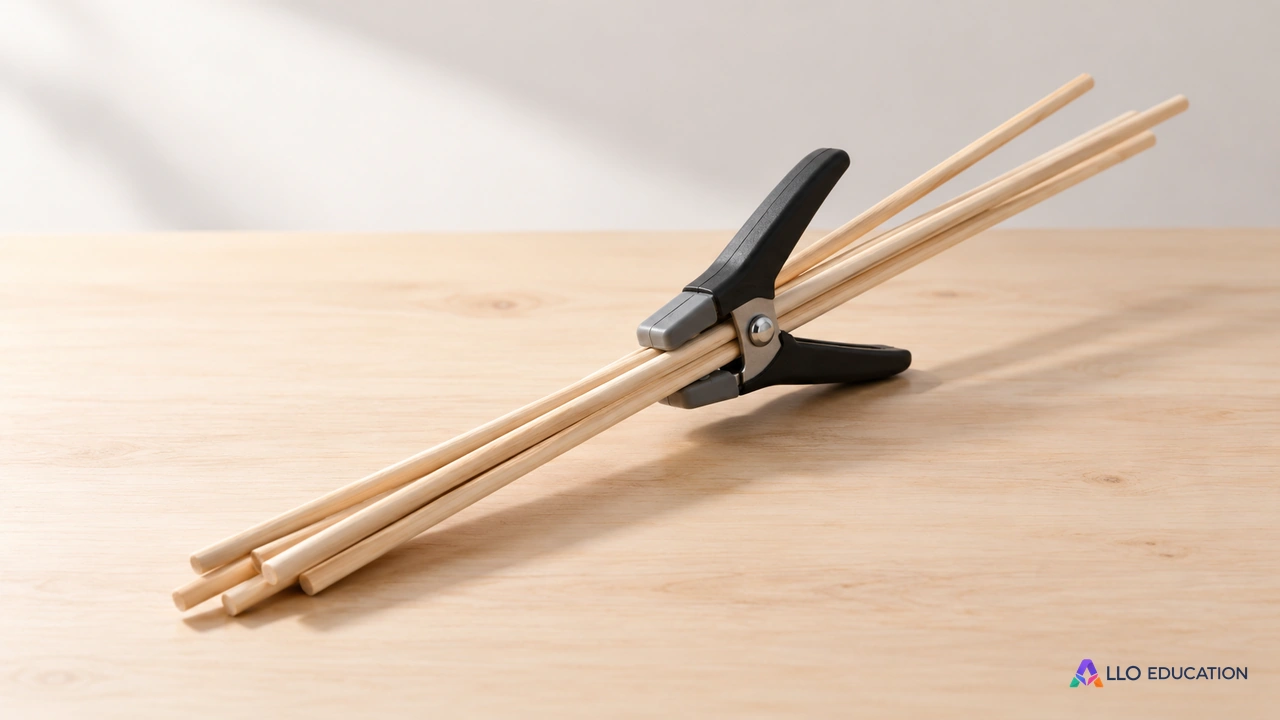 Baguettes de bois et petite pince neutre sur une table.