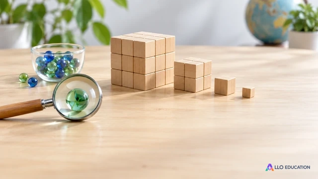 Des cubes de bois, un récipient de billes et une loupe sur une table claire.