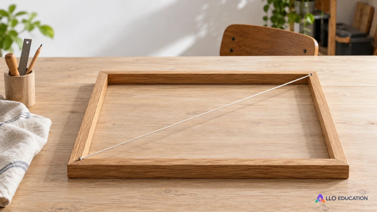 La diagonale en ficelle d’un cadre rectangulaire évoque un triangle rectangle à étudier.