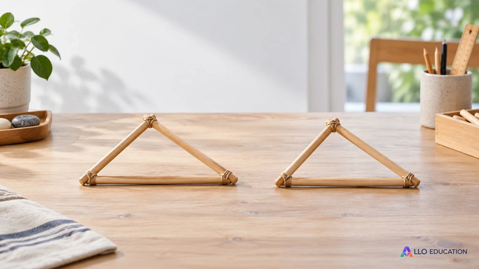 Deux assemblages triangulaires identiques de baguettes évoquent la superposition de triangles.