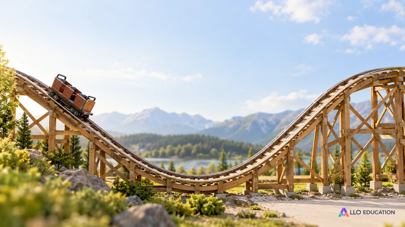 Une piste miniature descend vers un point bas puis remonte, avec un petit wagon.